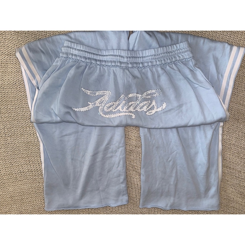 Adidas Originals Women Light Blue Rhinestone Logo Wide Leg Sweatpants Small